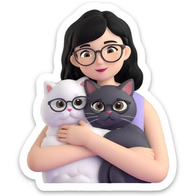 Skinny woman with oval glasses, shoulder length straight black hair, wearing white sleeveless top, hugging a grey Persian-Angora cat, plain background sticker