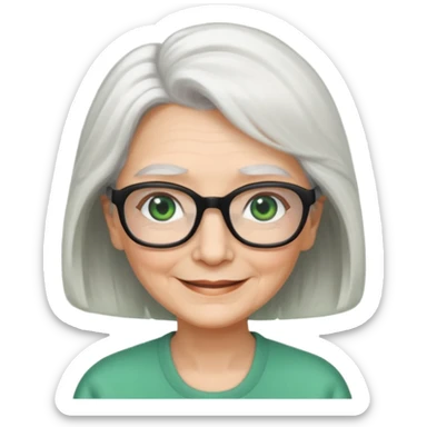 White hair grandma, green eyes, hair to shoulder, lokeg black glasses, rectangles face, smile , sticker