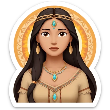 Cinematic Radiant Pocahontas Portrait Emoji, rendered in a vector-style with clean lines. Show Pocahontas with luminous, sun-kissed skin and flowing dark hair adorned with subtle natural ornaments, her expression calm and kind, dressed in simple traditional attire with earthy tones. The image glows softly with a warm, inviting radiance, enhanced by a soft glowing outline. sticker