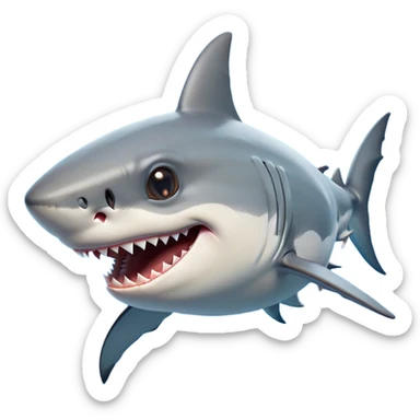 Cinematic Comical Great White Shark Portrait Emoji, Head tilted dramatically with an exaggeratedly shocked expression, featuring its iconic pointed snout, wide, comically expressive eyes, and a sleek body with a prominently defined dorsal fin, Simplified yet hilariously expressive features, highly detailed, glowing with a slightly sassy oceanic glow, high shine, dramatic yet playful, stylized with an air of cheeky marine mischief, soft glowing outline, capturing the essence of a meme-worthy great white shark that looks ready to side-eye its way into viral fame! sticker