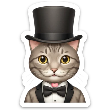 Grey tabby cat in top hat and bow tie sticker
