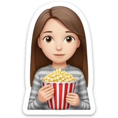 girl with straight long hair, striped light sweater, gray gray eyes, holding popcorn in her hands sticker