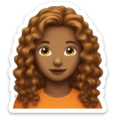 Tan Girl with long curly brunette hair with an orange cat sticker