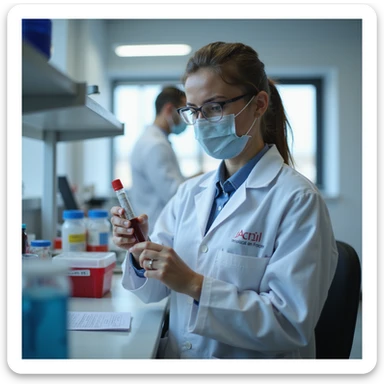 realistic doctor in lab coat performing or analyzing a blood sample collection in a clinical laboratory environment, blood test tube visible, laboratory instruments visible, clinical setting sticker