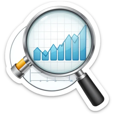 magnifying glass examining a downward trending chart, decreasing graph sticker