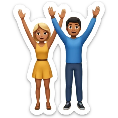 A 3D cartoon couple on top of a hill raising hands in victory, sunny sky and nature background, Memoji-style. inside photo frame. sticker