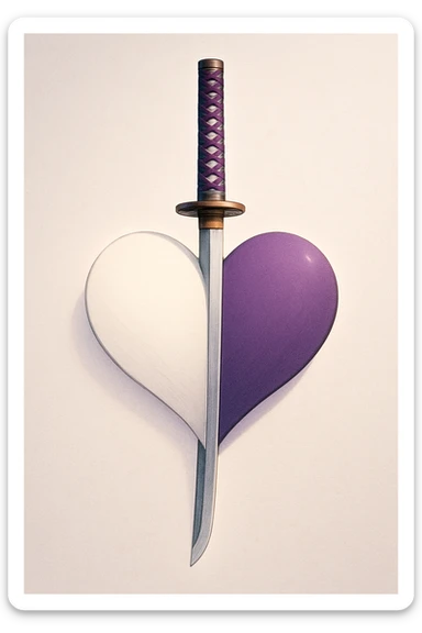 An elegant katana vertically piercing through the center of a stylized heart, left side of the heart white, right side purple, very aesthetic rendering, refined finishes, modern illustration style, soft light effect. sticker