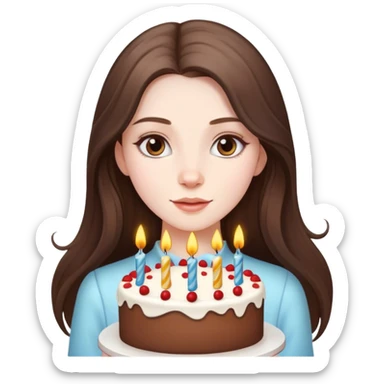  beautiful pale brunette girl with long hair with birthday cake sticker