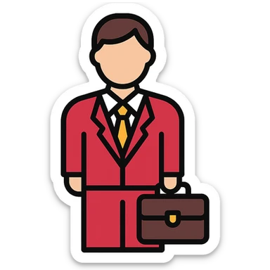 A businessman in a crimson suit with a briefcase sticker