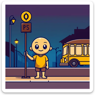 humanoid wooden club with big cartoon eyes and wide smile, barefoot, standing at a dark street bus stop under a dim streetlight, holding a bat, background sign 'Pentung Pos Ronda' sticker