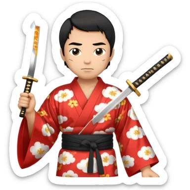 Tan and short haired man in kimono with cloud print holding katana sticker