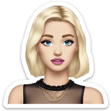 Beautiful girl with blonde hair pale skin blue eyes. Pink lips blush Smokey eye (but not too much). Thin black choker with Chanel logo on it. Classic shirt with puffed sleeves. Make her face striking think Hailey beiber sticker