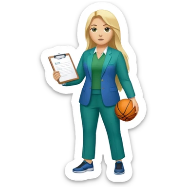 Full Body white plus size female basketball head coach using a clipboard with long blonde hair in a blue and green suit sticker