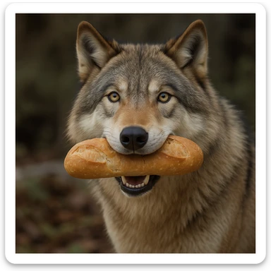 Replace the sushi roll in the wolf's mouth with a realistic bread roll, keeping the original background as in the reference image. sticker