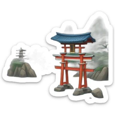 An island with a torii gate shinto shrine and small Japanese house with a blue tiled roof sticker