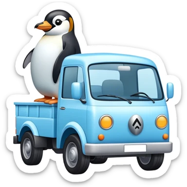 Camion blanc avec affiche bleu clair et pinguoin dessus sticker