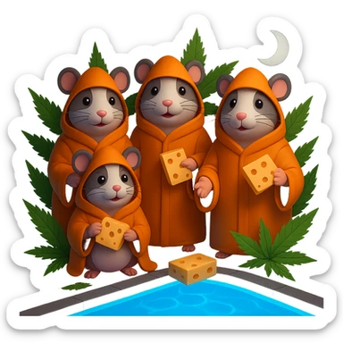 Make the scene night time with a dark sky, glowing pool lights, and moonlight. Keep the 3D emoji style and cult weed cheese pool party theme. Preserve transparency if present. Render in 3D emoji style. sticker