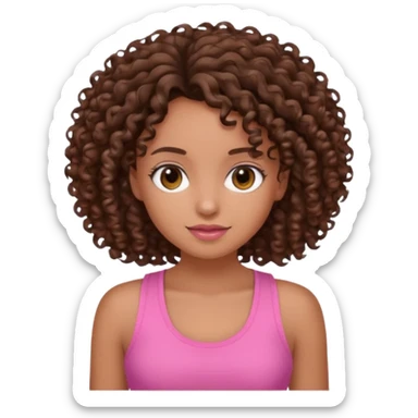 Uma menina com o cabelo cacheado é morena, e com uma regata rosa sticker