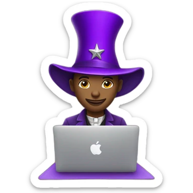 magician with a purple magic hat with a star working on a macbook sticker