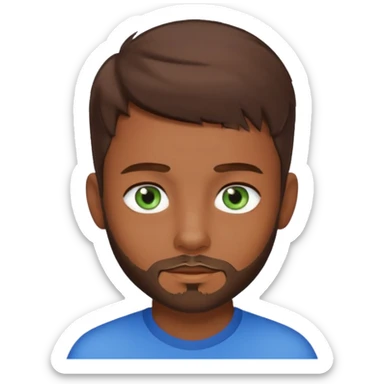 a young boy with brown hair, with a mix of blue and green eyes, a little bit of beard sticker