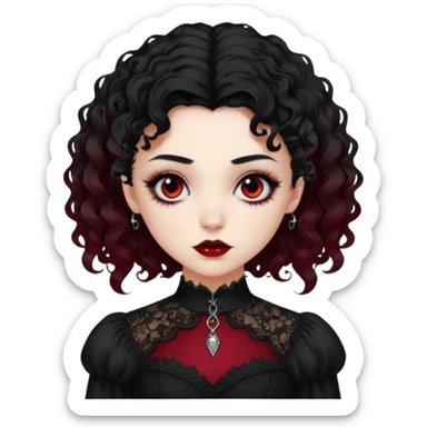 A girl with a dark red goth vampire look in a black goth lace dress with long sleeves longer black curly hair sticker