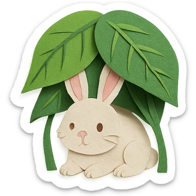 a bunny hiding under giant forest leaves, whimsical feel, paper craft style sticker