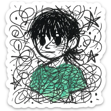 A boy with straight bangs covering his eyebrows, long hair at the back, black eyes, and brownish-black hair, wearing a green shirt the color of brilliant green antiseptic. sticker