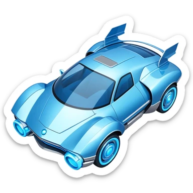 Top-down view of futuristic retro hover car with angular design and glowing blue wheels, flat vector style, minimal color palette with blue highlights sticker