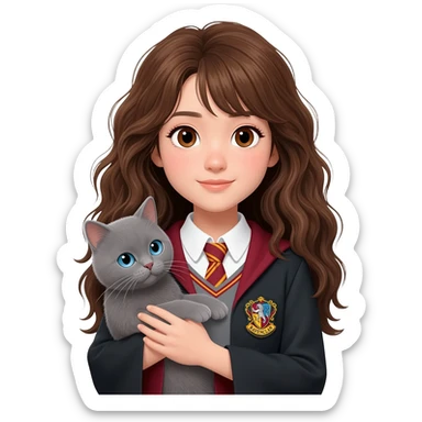 Asian girl with long messy wavy brown hair and brown eyes wearing "Ravenclaw" uniform, holding a gray cat with blue eyes in hands sticker