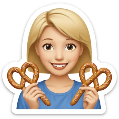Short, Straight, Dirty blond hair, fair skin, woman holding pretzels and winking sticker