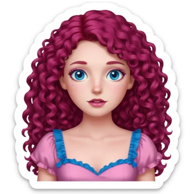Chappell Roan long dark red curly hair, blue eyes, pink eyeshadow and lip, pink dress sticker