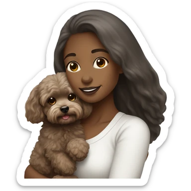 Girl with brown long straight hair, holding a dark gray maltipoo with a white snout sticker