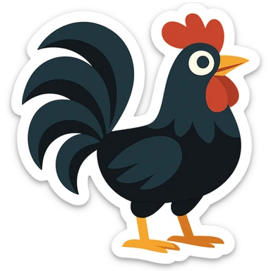 black rooster with exaggerated large tail, bold look, vibrant toon style sticker
