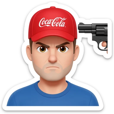 grumpy coca-cola emoji with a cap with a gun pointing to his head sticker
