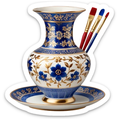 Metal painting icon, a metal object (such as a vase or plate) featuring a combination of Gzhel blue floral patterns, Chinese intricate red and gold designs, and delicate Gold Thread embroidery techniques, visible fine paintbrushes, gold thread, and paint pots, no finished artwork, just the painting process, minimalistic style, clean lines, transparent background. sticker