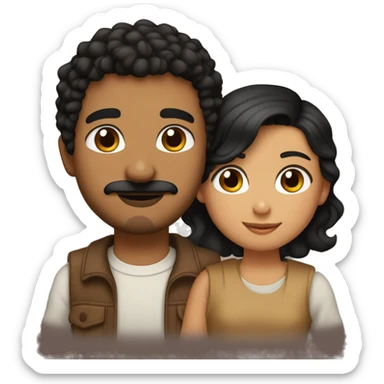 Girl with black hair, hazel eyes and tan skin hugging a boy with tan skin, brown curly hair, brown eyes and a mustache and goatee sticker