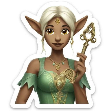 an elf woman login holding a big key sticker
