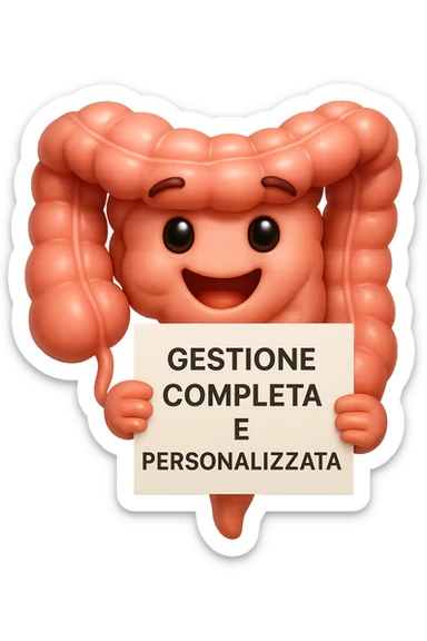 emoji stile iphone di un intestino umano anatomico ED ESPRESSIONE FELICE MENTRE LEGGE con foglio in mano con la scritta "GESTIONE COMPLETA E PERSONALIZZATA"
IPERREALISTICO 4K sticker