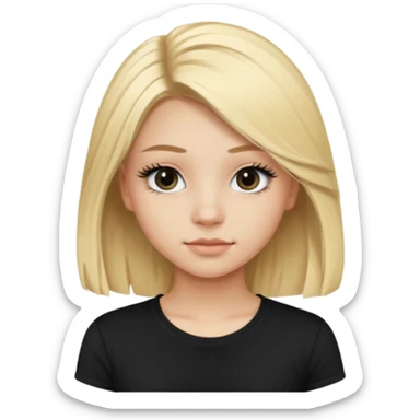 Fille jolie de 15 ans blonde aux cheveux longs avec des faux cils et un t-shirt noir sticker