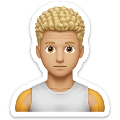Athletic man with blond curly hair only on the top, straight on sides, thick neck, high top fade with no part, no shirt and SHOW ABS sticker