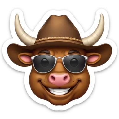 smiling bull head with prominent horns, dark sunglasses, and cowboy hat sticker