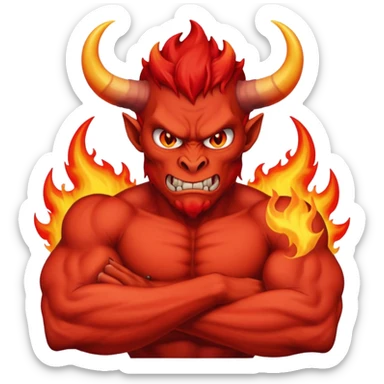 a Red devil, short horn Devil with flaming eyes, crossing arms sticker