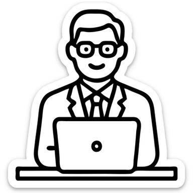 A 35-year-old male business coach sitting at a desk with a laptop sticker