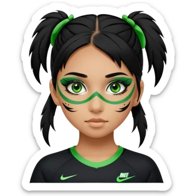cute teenage girl, cute athletic Nike clothes, tan skin, green eyes, black hair, face paint, very long eylashes sticker