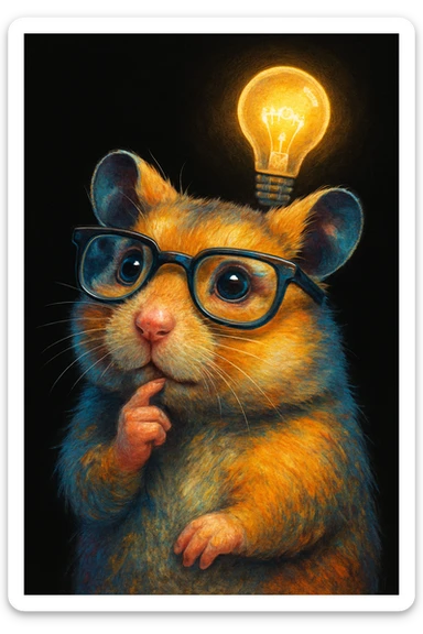 a unique, colorful, modern, highly realistic hamster wearing cool glasses, thinking about an idea with a lightbulb above its head, illustrated in Procreate on an iPad, solid black background, not kiddish sticker