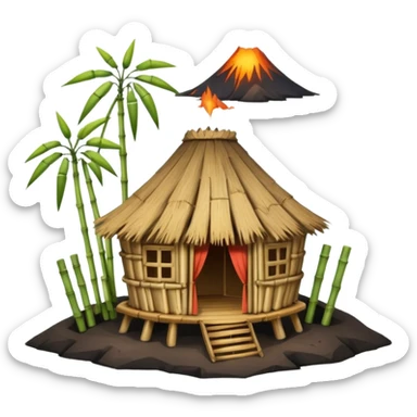 bamboo hut with volcano in the back in Volcano Island  sticker