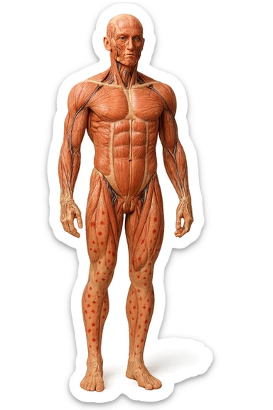 corpo umano anatomico a figura intera con red spot sparsi sulle gambe, iperrealistica in 3d sticker