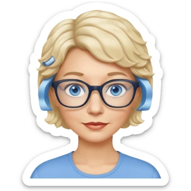 woman 60 very short weavy blonde haire, rectangle glases, blue eyes sticker