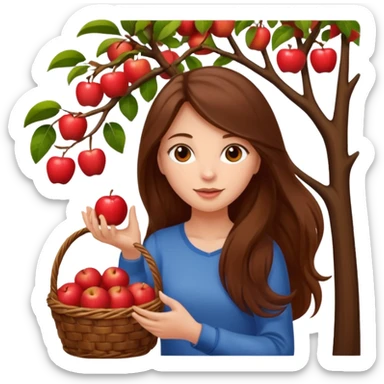 Attractive Girl with long brown hair picking an apple off a tree with a basket of apples sticker