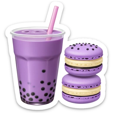 purple boba tea emoji with a macaron next to it, no facial features, minimal and rounded sticker